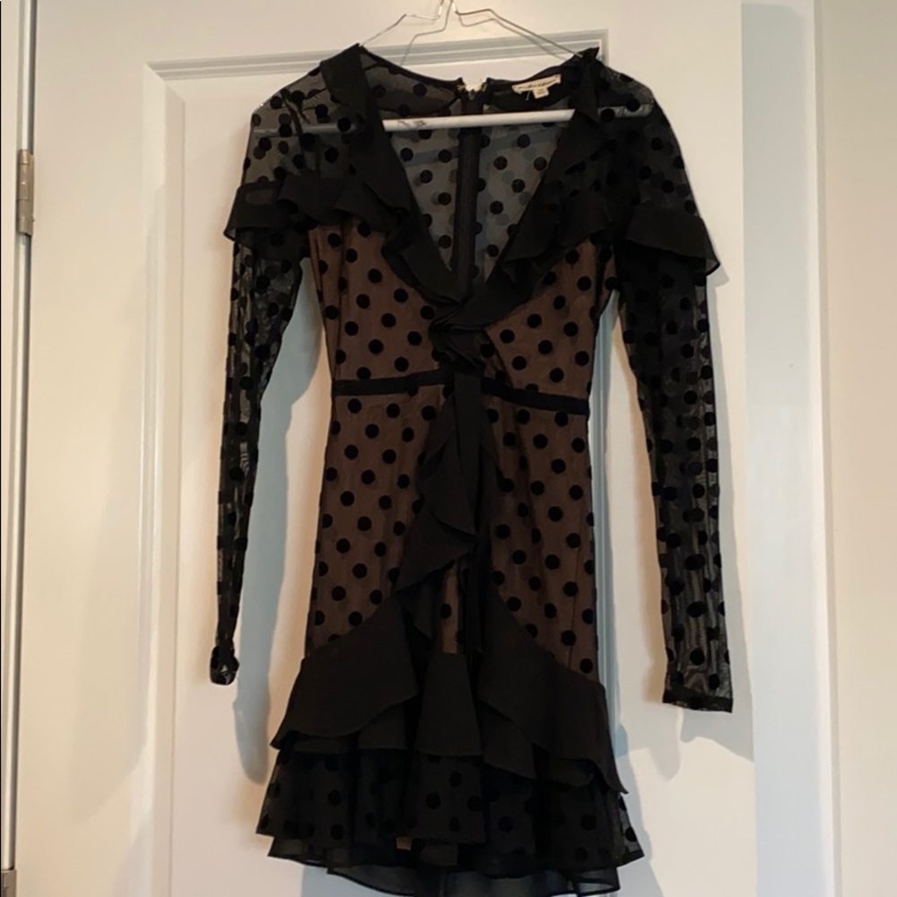 Long sleeve black velvet polka dot dress